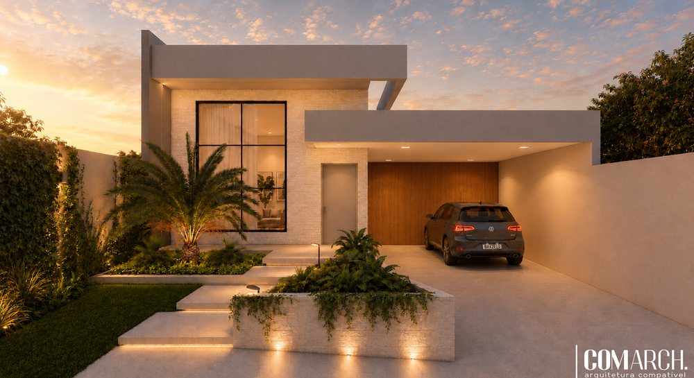 Projeto de fachada residencial com render fotorrealista